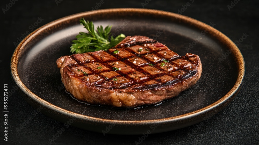 Succulent grilled beef steak with perfect sear marks, served on a rustic plate against a dark, elegant backdrop, exuding a luxurious and gourmet dining experience. Succulent grilled beef steak with perfect sear marks, served on a rustic plate against a dark, elegant backdrop, exuding a luxurious and gourmet dining experience.