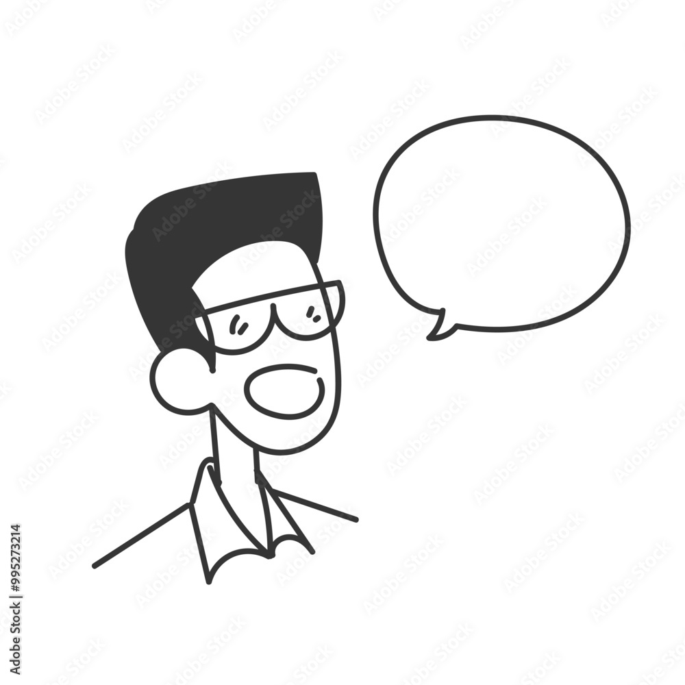 business person with glasses talking in black bubble talk in cartoon doodle drawn style business person with glasses talking in black bubble talk in cartoon doodle drawn style