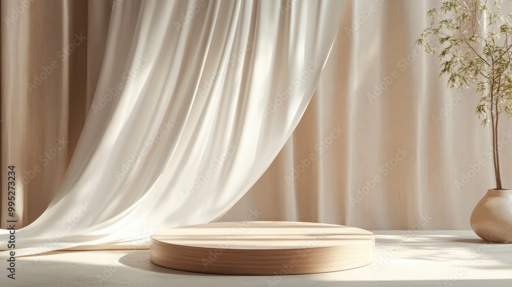 3D render featuring a display podium with a brown background and wooden frame pedestal. Silk curtain flows gracefully, 3D render featuring a display podium with a brown background and wooden frame pedestal. Silk curtain flows gracefully,