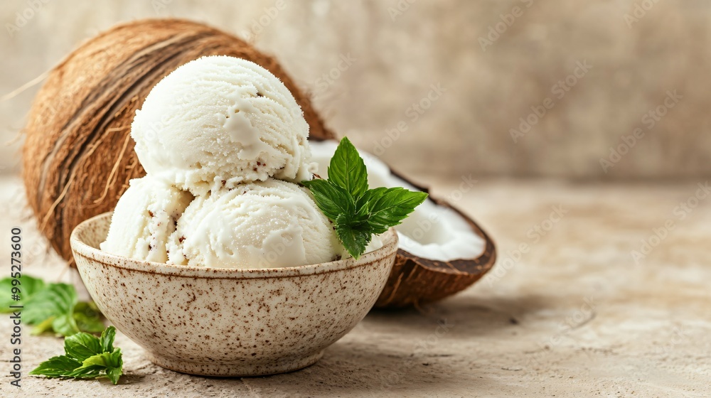 Coconut ice cream scoops in a bowl with a coconut shell and mint leaves. Coconut ice cream scoops in a bowl with a coconut shell and mint leaves.