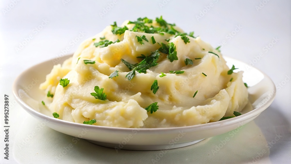 Delicious mashed potatoes served on a white dish against a black background macro closeup Delicious mashed potatoes served on a white dish against a black background macro closeup