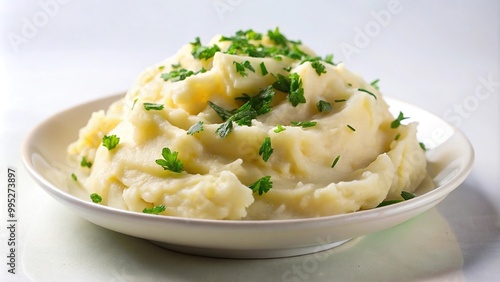 Delicious mashed potatoes served on a white dish against a black background macro closeup