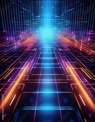 Neon lights create a futuristic path.