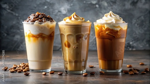 Delicious trio of iced coffee flavors in vanilla, caramel, and hazelnut photo