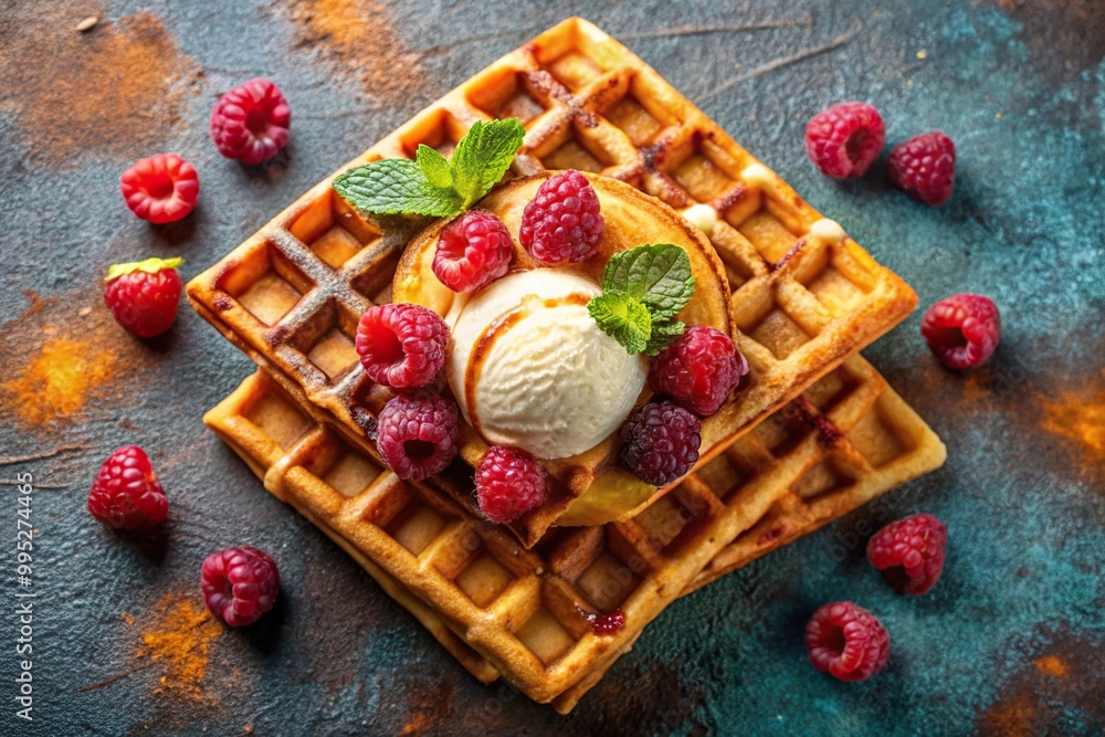 Delicious waffles topped with syrup, ice cream, and raspberries, a delightful brunch delight Delicious waffles topped with syrup, ice cream, and raspberries, a delightful brunch delight