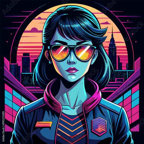 Portrait of a young European woman in 80's style.Neon vector print for printing on clothes or paper