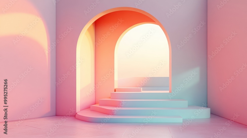 3D render illustration of a modern geometric interior with an arch and stairs, featuring gradient pastel colors and an abstract composition 3D render illustration of a modern geometric interior with an arch and stairs, featuring gradient pastel colors and an abstract composition
