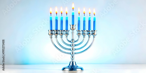 3D Floating Hanukkah Menorah with Glowing Blue Flames Isolated on White Background - Modern Design for Contemporary Celebrations