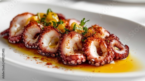 Pulpo a la Gallega: tender octopus with olive oil and pimentón, boldly displayed on a rustic rock. photo