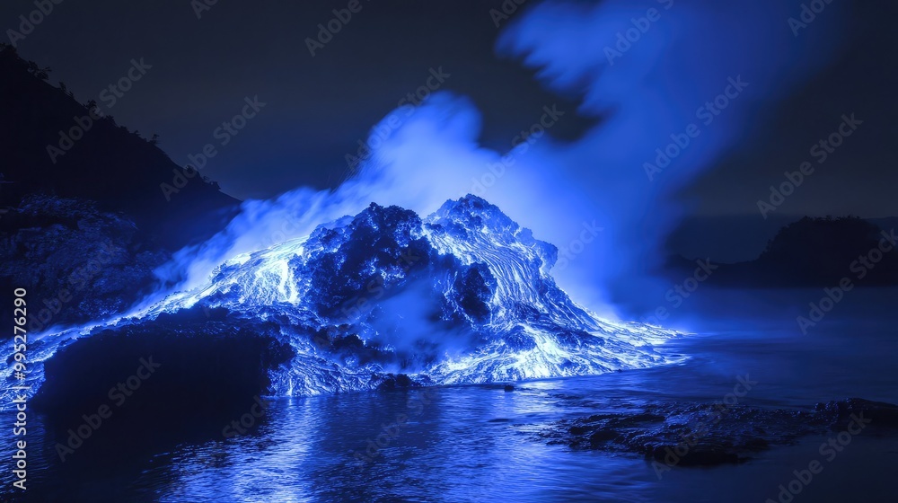 Naklejka premium Ethereal blue lava lighting up the surroundings during a nighttime eruption