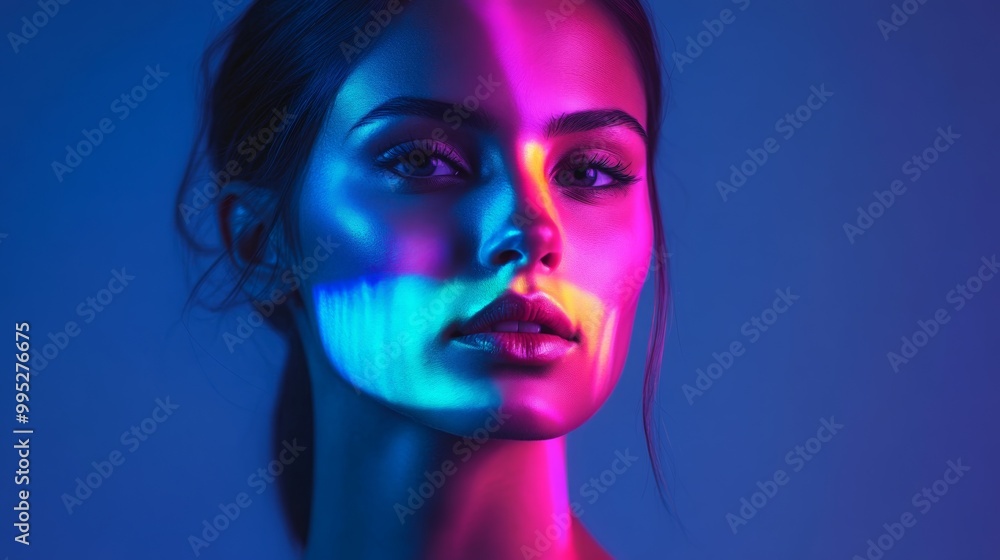 A woman with a serene expression, multicolor highlights gently illuminating her features, set against a minimalistic background A woman with a serene expression, multicolor highlights gently illuminating her features, set against a minimalistic background