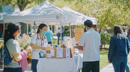 A photo capturing a community health fair focused on cancer prevention, featuring informational booths and screenings. [World Cancer Day] photo