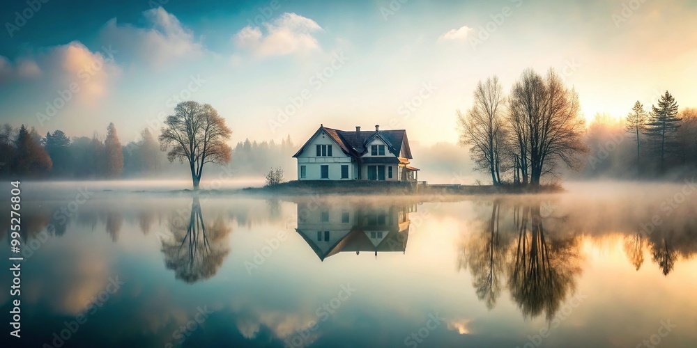 Fototapeta premium Description: Serene misty morning with a mysterious house emerging from the fog