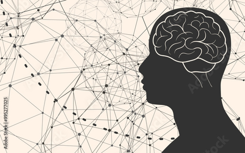 Profile of the head of a man. Brochure template. Mental health and artificial intelligence relative design. Scientific medical background. Connected lines with dots.