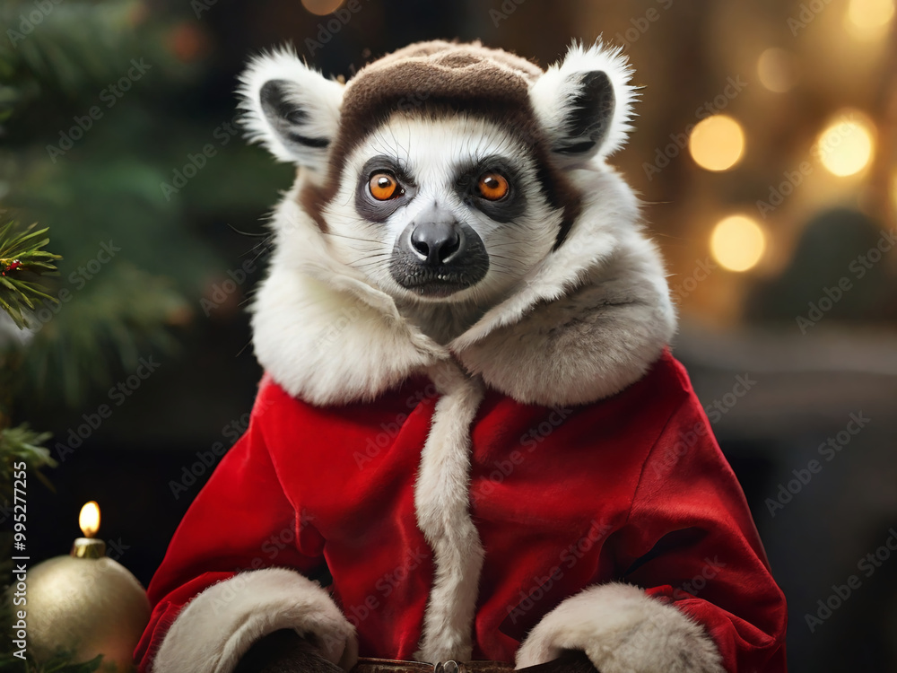 Obraz premium Stately animal lemur in red santa claus costume for christmas AI generated