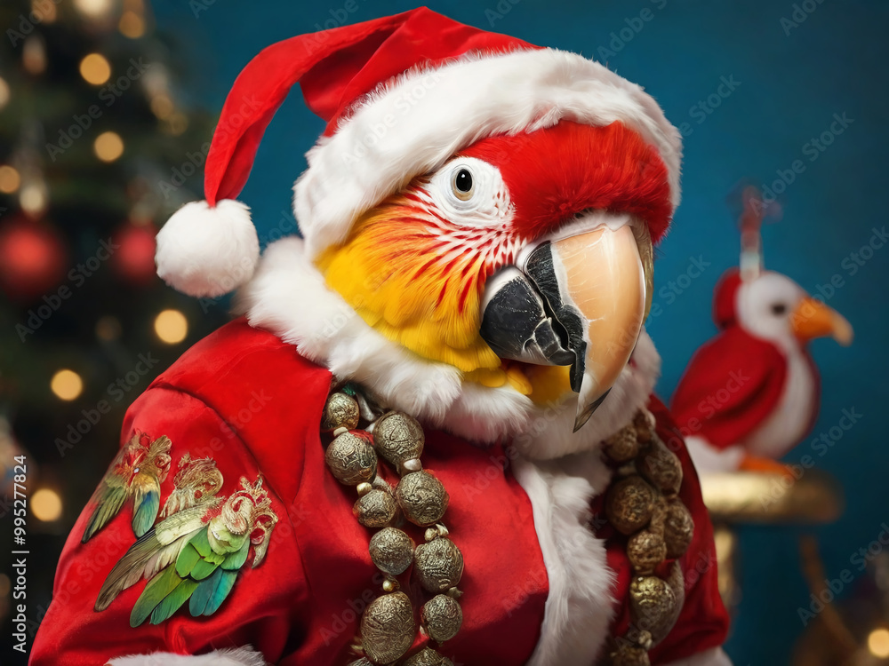 Stately animal pet parrot in red santa claus costume for christmas AI generated Stately animal pet parrot in red santa claus costume for christmas AI generated