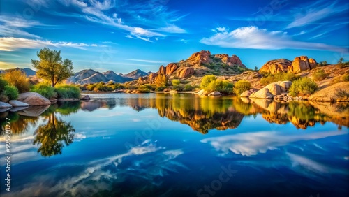 Lake Victoria’s serene reflection glimmers under a clear blue sky, contrasting beautifully with Arizona’s rugged desert