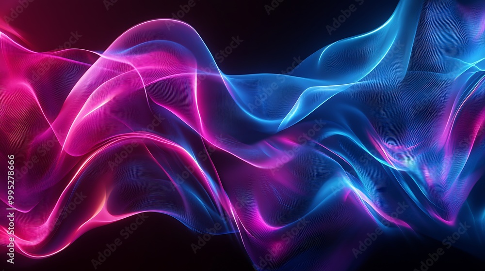 Flowing pink and blue waves illustration wallpaper background in against total black, 3d rendered futuristic backdrop Flowing pink and blue waves illustration wallpaper background in against total black, 3d rendered futuristic backdrop