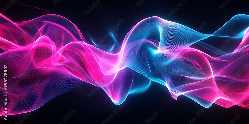 Obraz premium Flowing pink and blue waves illustration wallpaper background in against total black, 3d rendered futuristic backdrop