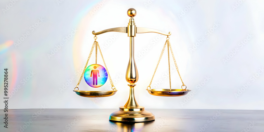 Flat Glossy Holographic Balance Scales with Glowing Human Rights Badge - Justice and Equality Concept with Ample Copy Space Below in Simple Vector Design