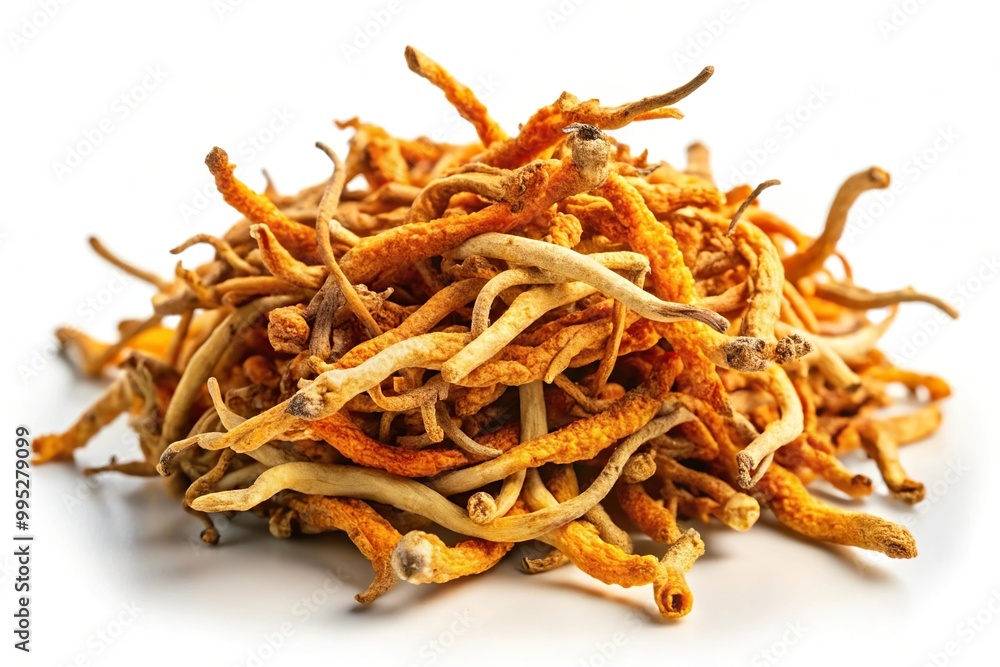 Dried cordyceps militaris mushroom isolated on white background Macro