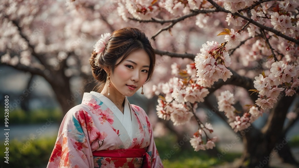 Young Asian woman wearing colorful kimono standing in front of blooming cherry blossom trees Young Asian woman wearing colorful kimono standing in front of blooming cherry blossom trees