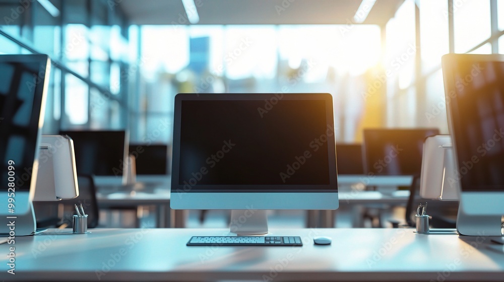 Modern Workspace with Computer in Bright Environment Modern Workspace with Computer in Bright Environment