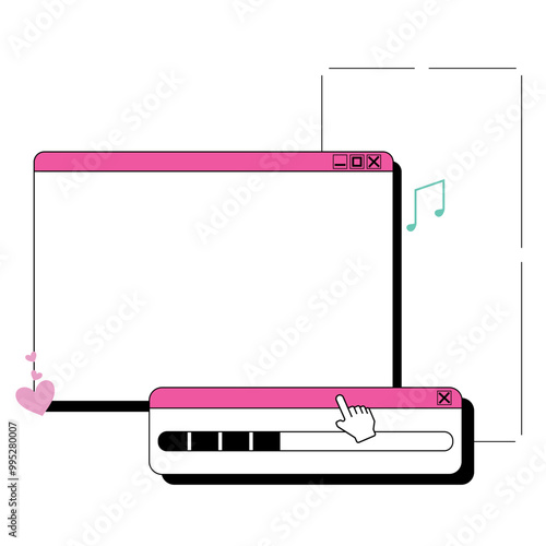 Retro browser computer window in 90s vaporwave style with smile face hipster stickers. Retrowave pc desktop with message boxes and popup user interface elements, Vector illustration of UI and UX
