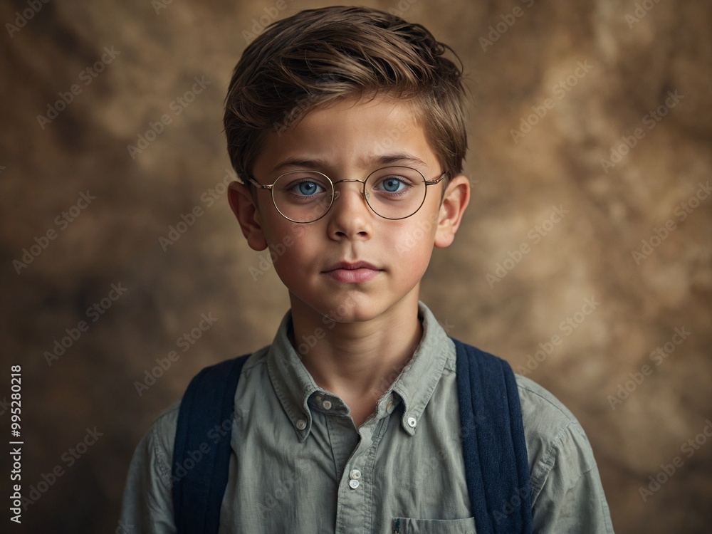 Young Caucasian boy with short brown hair, wearing glasses and blue shirt, looking directly at camera with serious expression Young Caucasian boy with short brown hair, wearing glasses and blue shirt, looking directly at camera with serious expression