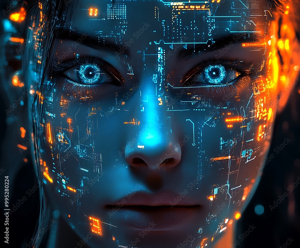 Digital face of a cyborg figure close-up view with blue digit eyes and data nodes on screen with a touch of orange lights, technological and binary concept Digital face of a cyborg figure close-up view with blue digit eyes and data nodes on screen with a touch of orange lights, technological and binary concept