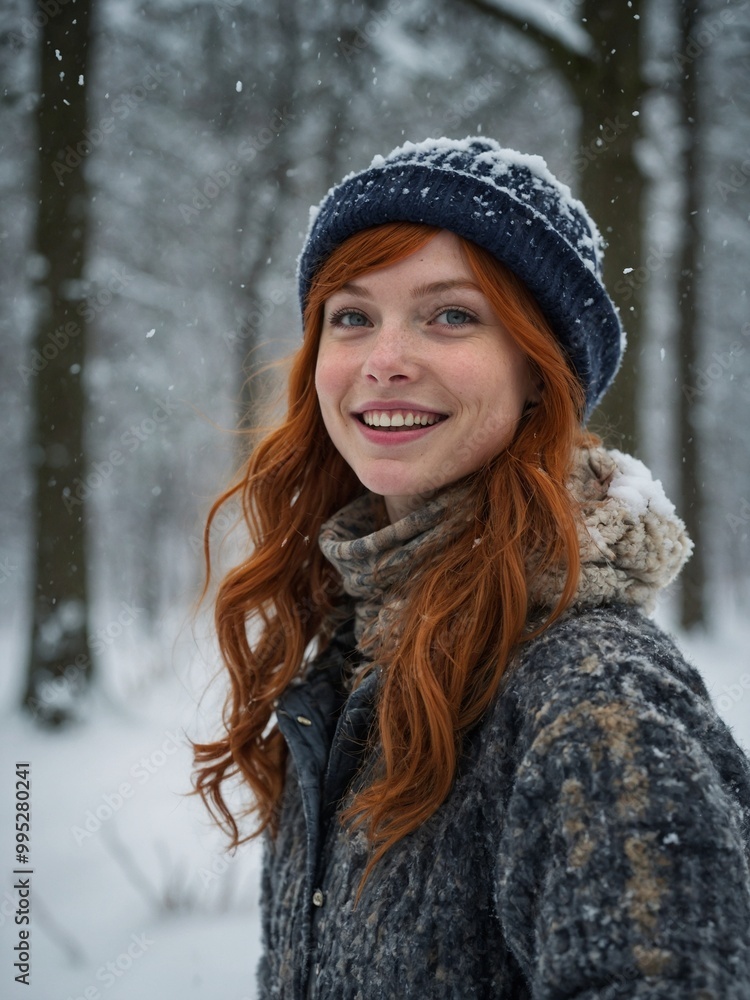 Young, fair-skinned woman with long, wavy red hair wearing gray knit hat and furry brown coat in snowy forest Young, fair-skinned woman with long, wavy red hair wearing gray knit hat and furry brown coat in snowy forest