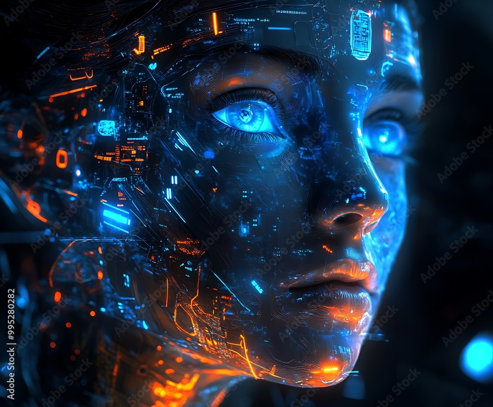 Digital face of a cyborg figure close-up view with blue digit eyes and data nodes on screen with a touch of orange lights, technological and binary concept Digital face of a cyborg figure close-up view with blue digit eyes and data nodes on screen with a touch of orange lights, technological and binary concept