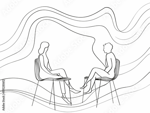 One-Line Interview Selection Process: Minimalistic Single-Line Figure Outline Drawing In Black And White