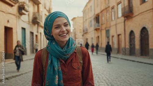 Young Middle Eastern woman with dark hair wearing green hijab and red jacket, smiling while walking down cobblestone street with buildings in background