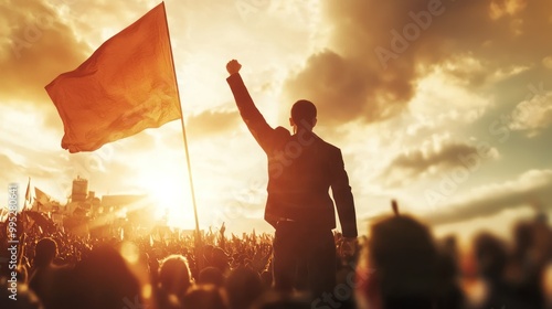 a revolutionary leader giving a speech to a crowd, capturing the intensity and passion of a movement. photo