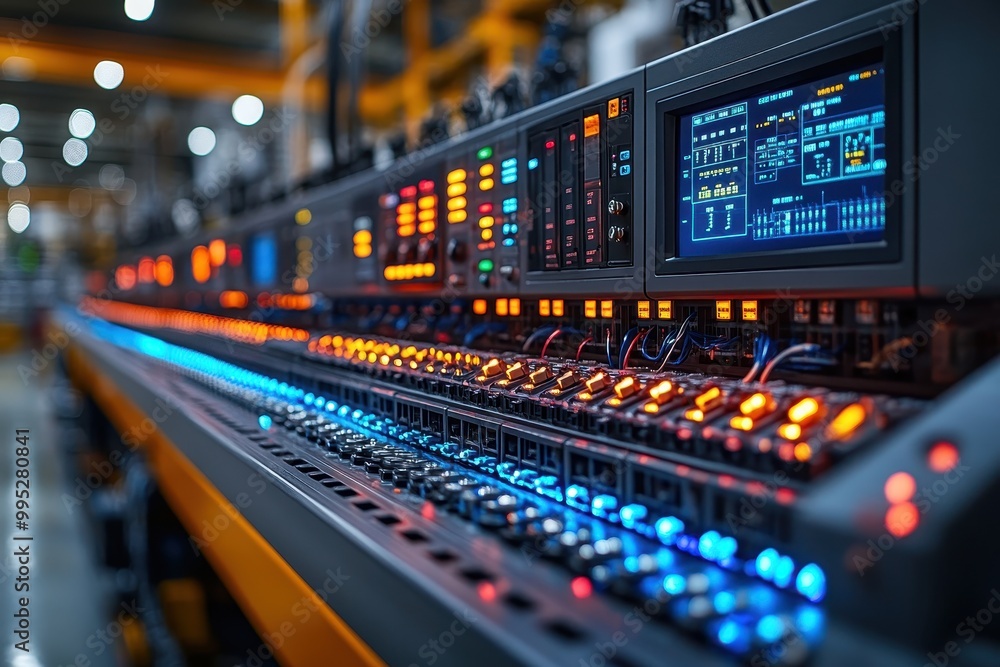 Close-Up of Control Panel in Modern Factory with Wires and Monitors, Wide-Angle Shot Using Close-Up of Control Panel in Modern Factory with Wires and Monitors, Wide-Angle Shot Using