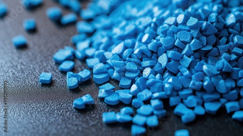 Blue plastic polypropylene granules on a table, photo