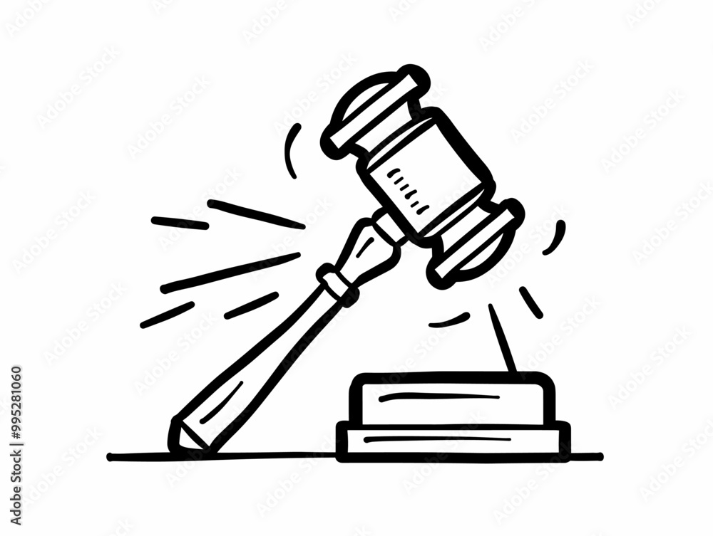 Judge's Final Verdict: Gavel Making a Decisive Strike, Vector Line Drawing Judge's Final Verdict: Gavel Making a Decisive Strike, Vector Line Drawing
