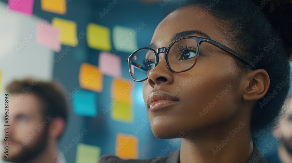 close-up shot of a diverse IT project team in a scrum meeting, with colorful post-it notes on the wall in the background, creating a dynamic and energetic atmosphere. close-up shot of a diverse IT project team in a scrum meeting, with colorful post-it notes on the wall in the background, creating a dynamic and energetic atmosphere.