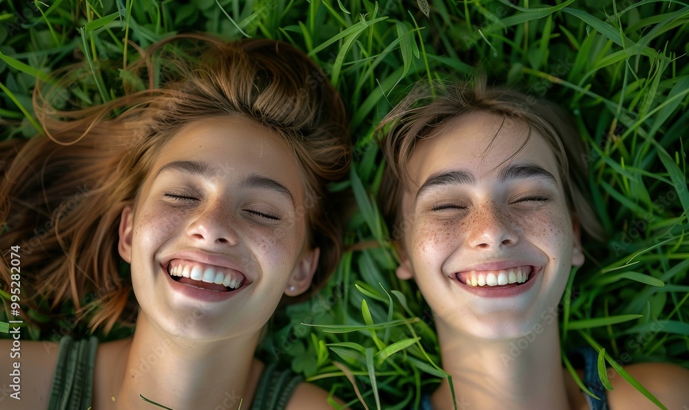 Two friends smiling and laying in grass. AI. Two friends smiling and laying in grass. AI.