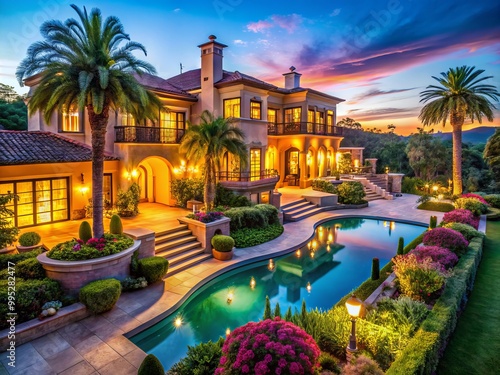 Luxurious California estate boasting remarkable architecture and picturesque landscapes, illuminated by bright