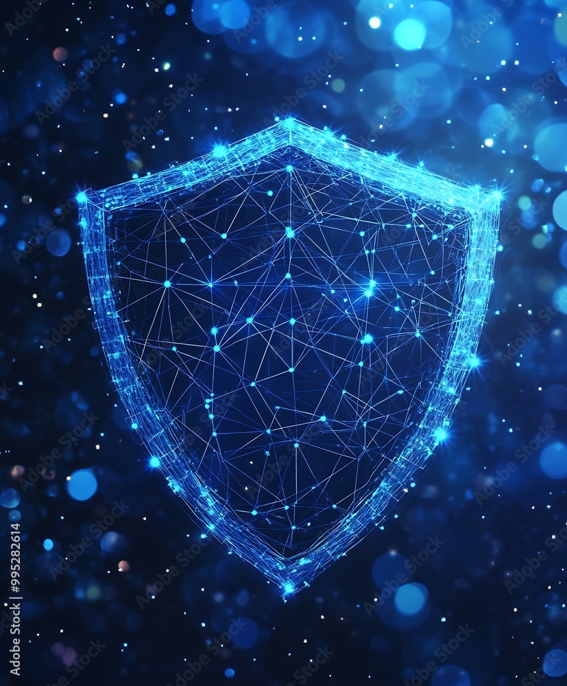 Digital blue and black shield with binary design on data connections ...