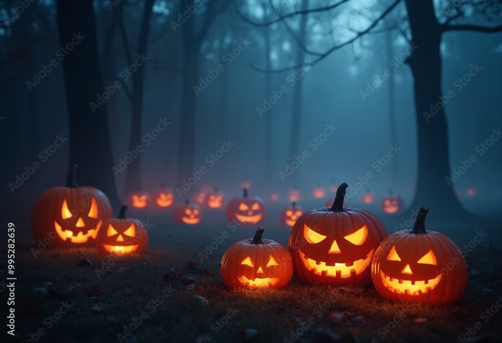 Colorful Halloween pumpkins surrounded by fog in a spooky setting at night Colorful Halloween pumpkins surrounded by fog in a spooky setting at night