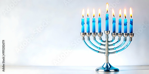 3D Floating Hanukkah Menorah with Glowing Blue Flames Isolated on White Background - Modern Design for Contemporary Celebration