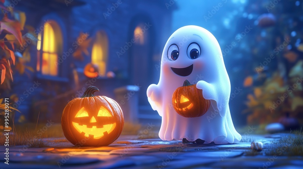 Adorable cartoon ghost with a Jack-o'-lantern in hand, lighting up the spooky Halloween night Adorable cartoon ghost with a Jack-o'-lantern in hand, lighting up the spooky Halloween night