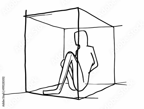 Figure Trapped in Box: Feeling Encaged in a Monotonous Job Represented as a Person Confined Within a Box Illustrated Through Single-Line Drawing