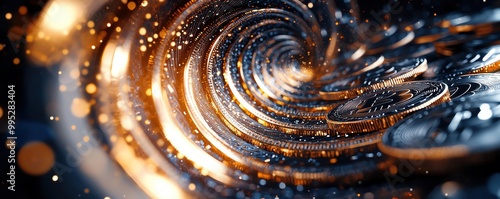 Abstract coins and stock symbols moving in a spiral, representing the cyclical nature of markets and investments