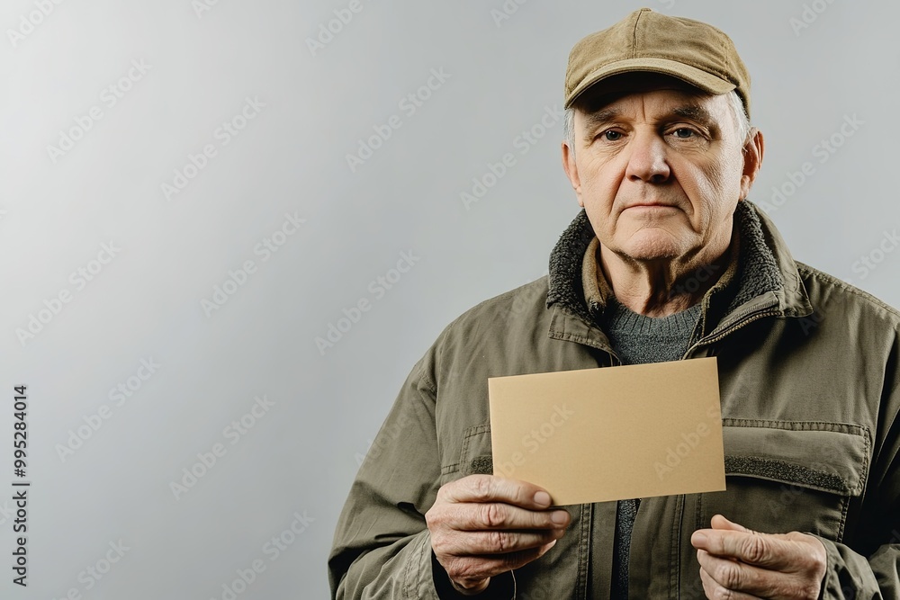 Senior man holding blank card with serious expression Senior man holding blank card with serious expression