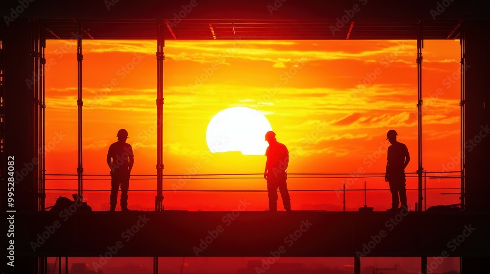 Fototapeta premium The frame of a newly constructed building standing against a fiery sunset, with construction workers in silhouette actively working on the structure, creating a dramatic visual effect