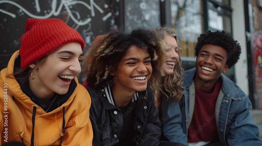 Group of young people laughing out loud sitting outside - Happy multiracial students having fun together in college campus - Friendship concept with teenagers enjoying day out on Group of young people laughing out loud sitting outside - Happy multiracial students having fun together in college campus - Friendship concept with teenagers enjoying day out on